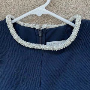 Sandro navy blue cap sleeve textured Rosalie dress (Size 34)